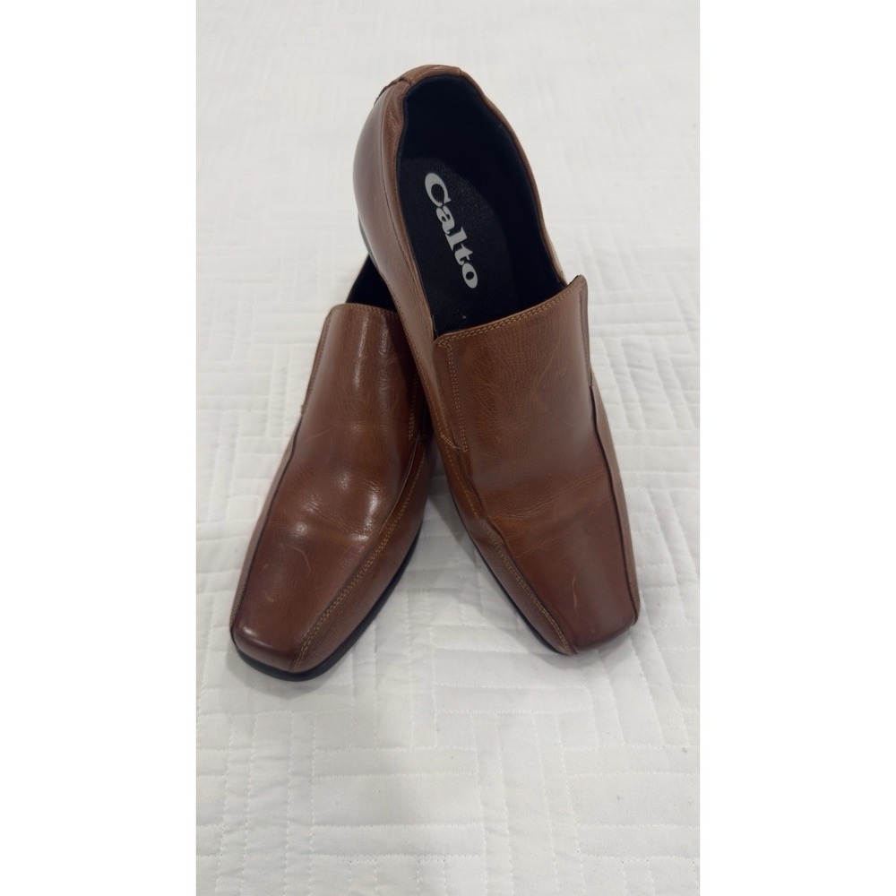Calto Mens Y3022 Brown Leather Square Toe Slip On Loafers Dress Shoes Size 8